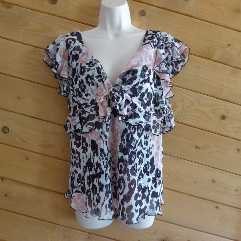 Diane Von Furstenberg Pink and Black Leopard Ruffle V-Neck Blouse